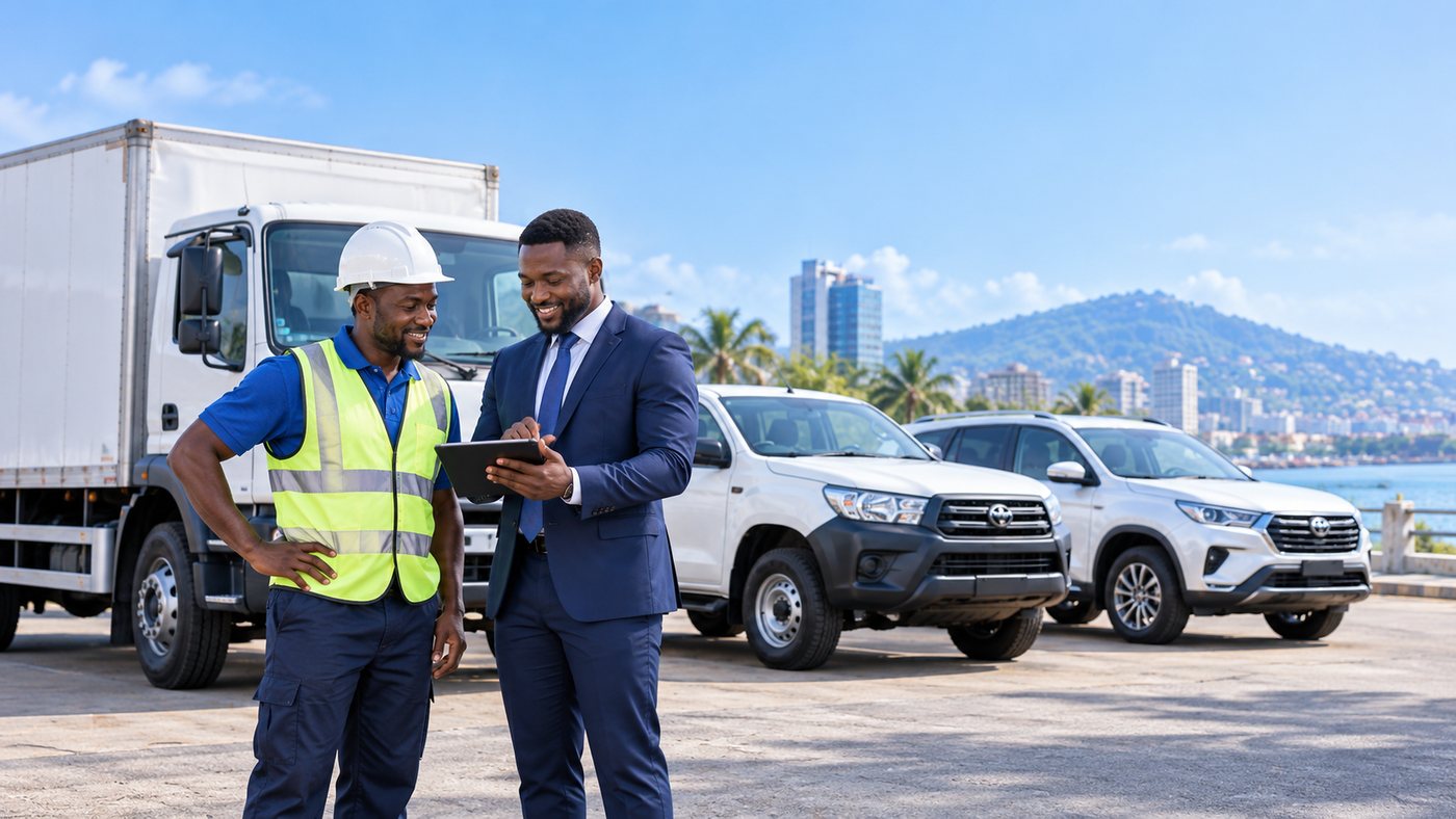 Fleet operator and insurance advisor beside commercial vehicles